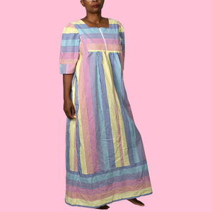 Vintage Saybury Rainbow Stripe Dress Pink Long House Sack Housecoat Muumuu Large